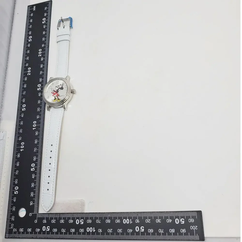 Disney Silver Minnie Mouse Watch White Leather Band Womens